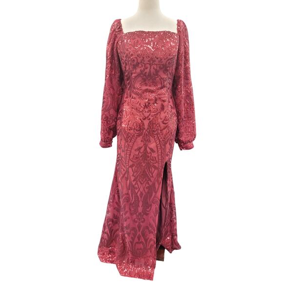 NWT Long Sleeved Patterned Sequin Gown Crimson Red - Picture 1 of 11